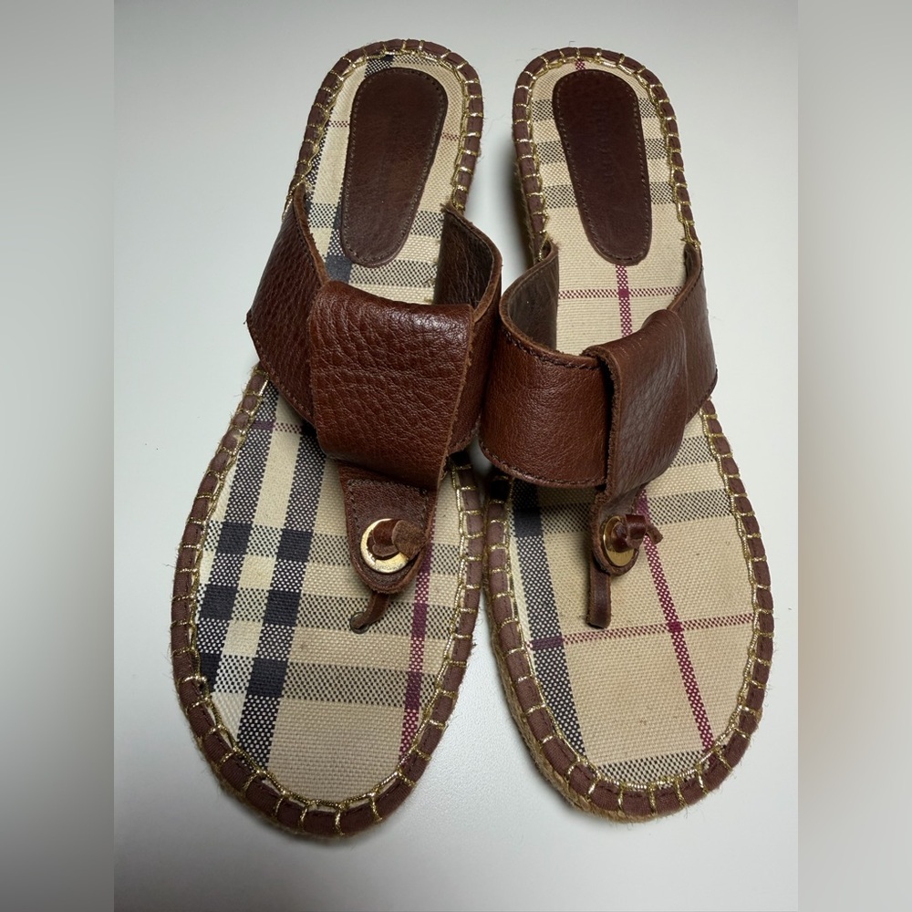 Burberry Nova Check Brown Leather Espadrille Thong Wedge Sandals Size EU 40 - Picture 9 of 12